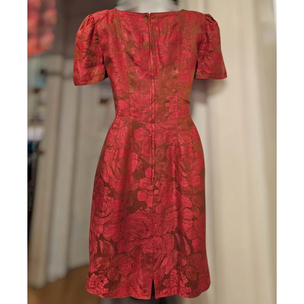Vintage Albert Nipon Linen Brocade Dress Puffed Sleeves Floral Red